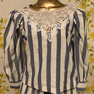 Blue & cream Striped Lace-Trim Women's Top size S